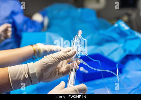 The procedure of inserting a double lumen catheter into a patient with ...