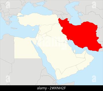Red map of IRAN inside highlighted beige map of the Middle East Stock Vector