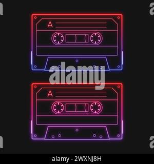 Neon retro audio cassette red color vector illustration image flat ...