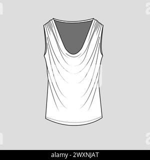 Fashion Drapping women sleeveless fashion blouse top flat sketch technical drawing template design vector Stock Vector
