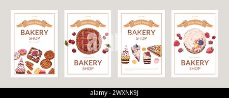 Bakery menu. Pastry shop posters. Bakers cafe flyers. Dessert cake and sweet pie. Baking food. Fresh bread sale. Chocolate croissant recipe. Dough snacks buying. Vector bakehouse banners design set Stock Vector