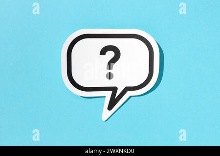 Question mark on speech bubble isolated on blue background. Doubt, confusion, uncertainty concept Stock Photo