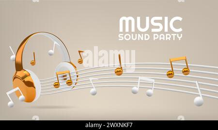 3D headphone. Gold DJ music sound party. White and golden earphone speaker. Listen melody in headset. Audio equipment. Glossy metal notes. Musical soundtracks. Stereo technology. Vector background Stock Vector