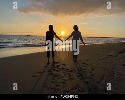 A couple strolling hand in hand on a beach at sunset Stock Photo