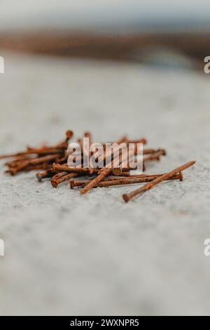 A group of wooden nails on a surface with a mountain backdrop Stock Photo