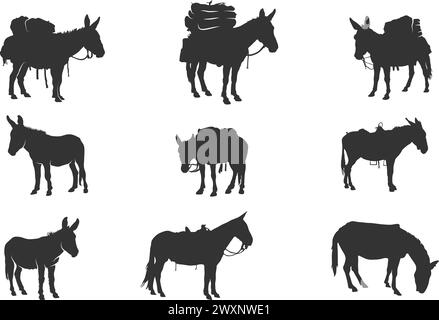 Pack mule silhouette, Mule silhouettes, Packed mule, Pack mule vector illustration Stock Vector