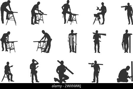 Carpenter silhouette, Carpenter working silhouette, Carpenter people silhouette, Carpenter vector set Stock Vector