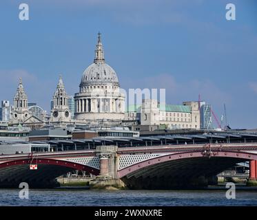 Blackfriars bridge and station, with St Paul's cathedral behind, London, England, UK Stock Photo