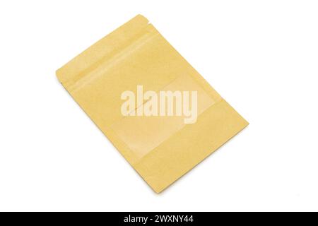 Small empty brown doypack zip paper bag isolated on white background Stock Photo