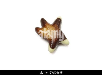 Single chocolate praline starfish isolated on white background. Stock Photo