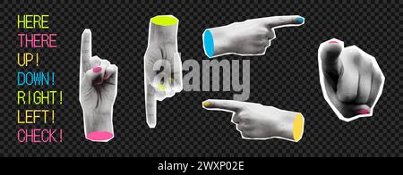 Collage element pointing hands and pixel text vector illustration Stock Vector