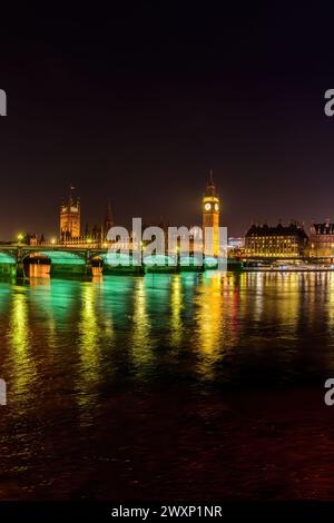 London, UK; April 03, 2024 - A view of the Westminster Bridge, Big Ben and the houses of Parliament, London, UK in the evening. Stock Photo