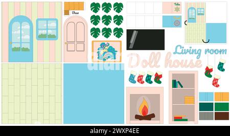 Living room. Design layout for creating a living room in a dollhouse. Stickers for three-dimensional models. Living room decoration and fireplace. Stock Vector
