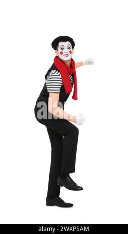 Funny mime artist in beret posing on white background Stock Photo