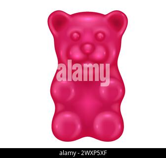 Pink gummy bear 3d realistic vector illustration. Chewing vitamin jelly candy creative design. Fruit tasted object on white background Stock Vector