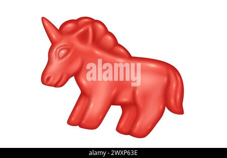 Red jelly unicorn 3d realistic vector illustration. Chewing gummy candy creative design. Gum confectionery object on white background Stock Vector
