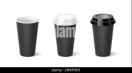 Black mockup cups 3d realistic vector illustration set. Hot drinks containers design template. Take away coffee on white background Stock Vector