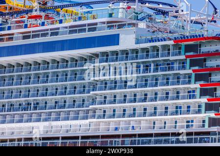 Close-up view of a сolorful multi-deck cruise liner. Curacao. Stock Photo