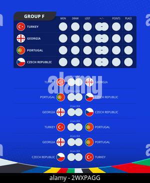 Group F scoreboard of European football 2024 tournament. All games match schedule. Vector flag of Group F. Stock Vector