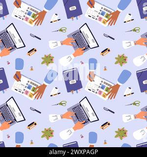 Top view writing hands seamless pattern. Office work. Business people use laptop. Employees take notes in organizer books. Future plan. Daily tasks. B Stock Vector