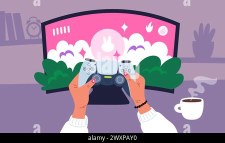 Gamer girl playing video game. Hands with console controller. Woman arms holding Videogame joystick in front of television screen. Control gamepad. PC Stock Vector