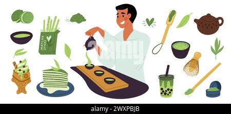 Cartoon matcha elements. Tea ceremony. Man pours hot drink into cups. Green powder. Japanese product. Desserts ingredient. Ceramic teapot and mug Stock Vector