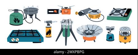 Camping gas stoves. Portable burners for outdoor cooking. Propane tanks. Hiking cookers. Expeditionary kitchen. Camp furnaces. Fuel cylinder balloons Stock Vector