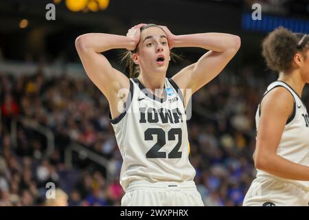 Albany, New York, USA. 30th Mar, 2024. Iowa guard CAITLIN CLARK (22) reacts to a foul call during the 2024 NCAA Women's Basketball Tournament Albany 2 Regional semifinal at MVP Arena. (Credit Image: © Scott Rausenberger/ZUMA Press Wire) EDITORIAL USAGE ONLY! Not for Commercial USAGE! Stock Photo