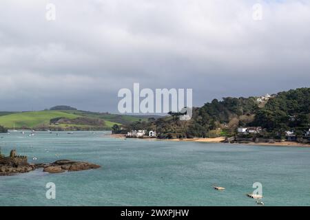 View along Salcombe estuary, from above North Sands, showing East Portlemouth, Fort Charles and Scoble Point on a calm day with grey skies Stock Photo