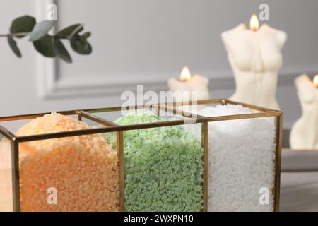 Different types of sea salt on table indoors, closeup Stock Photo