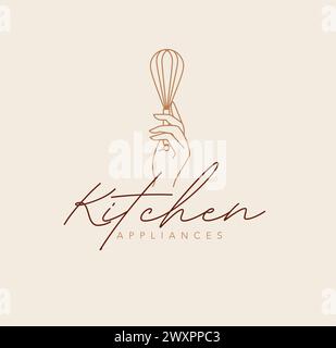 Hand holding whisk with lettering kitchen appliances drawing in linear style on beige background Stock Vector