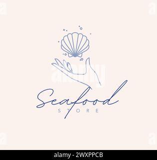 Hand with seashell and lettering seafood store drawing in linear style on beige background Stock Vector