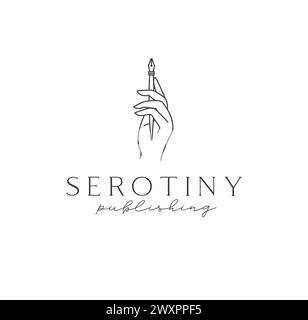 Hand holding ink pen with lettering serotiny publishing drawing in linear style on light background Stock Vector