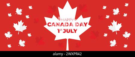 Canada Independence Day Long Greeting Celebration Banner. Happy Canada Day Web Banner Background with Red Maple Leaf First of July Canada National Day Stock Vector