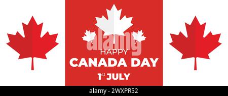 Canada Independence Day Long Greeting Celebration Banner. Happy Canada Day Web Banner Background with Red Maple Leaf First of July Canada National Day Stock Vector