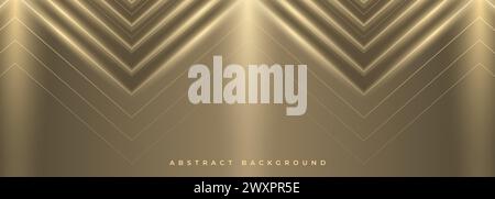 Abstract luxury gold background with arrows, angles and light rays. Elegant luxurious wide banner with 3d geometric triangle shapes. Vector Stock Vector