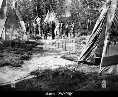 George 'Gabby' Hayes, Randolph Scott, on-set of the film, 'The Cariboo Trail', 20th Century-Fox, 1950 Stock Photo