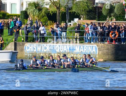 Saturday, March 30th 169th Gemini Men's Boat Race.  The defeated Oxford men's crew recover after crossing the finish line. Stock Photo