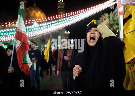 Tehran, Iran. 01st Apr, 2024. an Iranian protester chants slogans during their anti-Israeli gathering to condemn killing members of the Iranian Revolutionary Guard in Syria, at the Palestine Sq. in downtown Tehran, Iran, Monday, April 1, 2024. An Israeli airstrike that demolished Iran's consulate in Syria killed two Iranian generals and five officers, Syrian and Iranian officials said Monday. (Photo by Sobhan Farajvan/Pacific Press) Credit: Pacific Press Media Production Corp./Alamy Live News Stock Photo