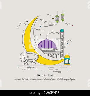 Minimal Eidul Al-Fitri and Mubarak in lline art drawing with Islamic elements Stock Vector