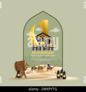 A simplistic Islamic New Year design featuring a desert landscape with people traveling on camels, symbolising the Hijra. Stock Vector