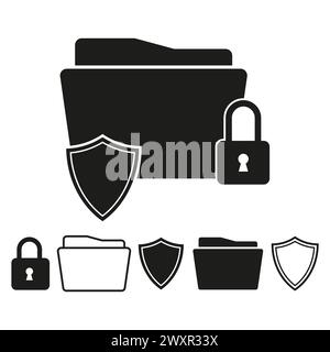 Secure folder icons set. Data protection and cybersecurity symbols. Vector illustration. EPS 10. Stock Vector