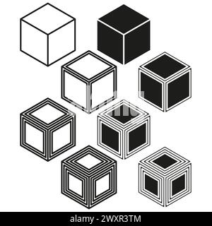 Variety of 3D cubes in different perspectives. Geometric shapes set. Abstract block elements. Isometric vector illustration. EPS 10. Stock Vector
