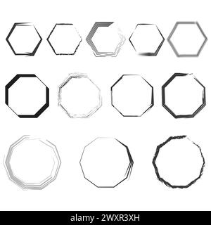 Assorted hexagon frame designs. Collection of various hexagonal borders. Vector illustration. EPS 10. Stock Vector