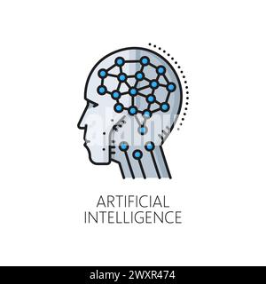 Artificial intelligence algorithm, AI machine learning thin line color icon. Robotic smart algorithm, artificial intelligence technology outline vector icon with android or cyborg artificial brain Stock Vector