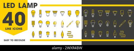 Led and light bulb lamps line icons set. Vector modern illumination equipment. Diode, fluorescent, halogen or filament electrical bulbs for energy efficiency, innovation and versatile lighting options Stock Vector