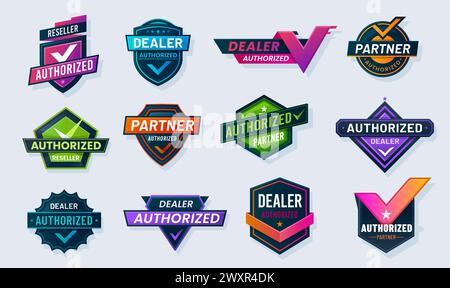 Authorized dealer, seller and distributor seals, official mark labels, vector signs. Authorized partner and reseller emblems, dealer shop and distributor store badges for official commerce company Stock Vector