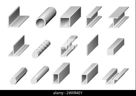 Rolled steel metal and stainless profiles of bar, square angle plate and tube, vector isometric section icons. Rolled iron rail and metal beam rod, building or metallurgy engineering metallic armature Stock Vector