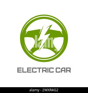Drive steering wheel icon. Tech and safe drive, driving school and electric car symbol. Isolated vector emblem features green helm and flashlight, embodying eco-friendliness and sustainable mobility Stock Vector