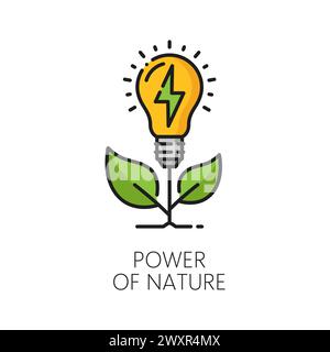 Clean power, eco and green energy line icon. Electricity energy alternative source, sustainable and ecological future, clean power generation thin line vector pictogram with plant bulb lamp Stock Vector